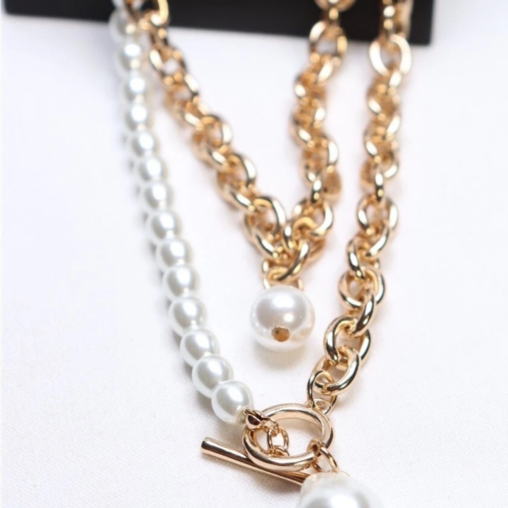 Aqua Gold Tone White Bead Two Row Necklace